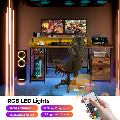 Panana 61.4" Computer Desk with Power Outlet and LED Lights, Desk with 2 Fabric File Cabinet Drawer, Large Reversible Gaming Desk with Shelves and Monitor Stand, Writing Study Desk for Home Office