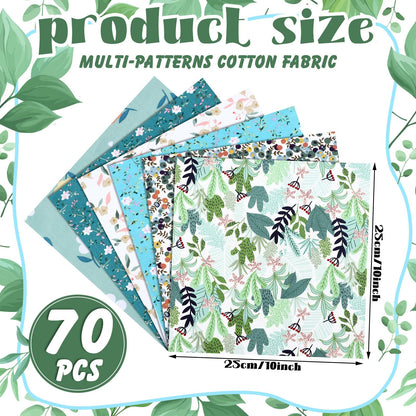 Tudomro 70 Pcs 10 x 10 Inch Green Floral Cotton Fabric Square for Quilting Sage Mint Green Sewing Precut Fabric Bundle Assorted Flower Printed Patchwork Materials for Holiday DIY Craft Handmade Cloth