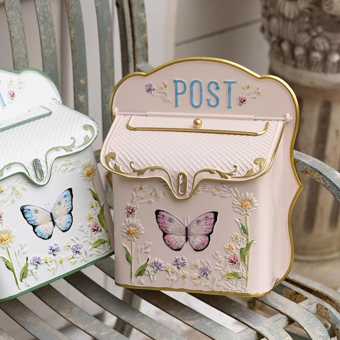 Mailbox Wall Mount Mailboxes for Outside Vintage Mail Boxes for House Outside Metal Drop Box Antique Style Nostalgic Charm Home Decorative Butterfly Pink