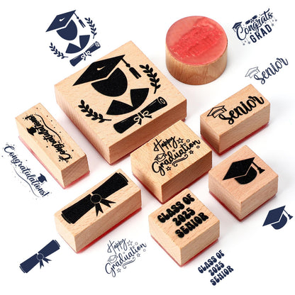 Supervitae 8 Pcs Graduation Rubber Stamps Set Wooden Rubber Stamps Graduation Season Vintage Wooden Rubber Art Stamps for Crafting and DIY Scrapbooking Card Making Hand Book
