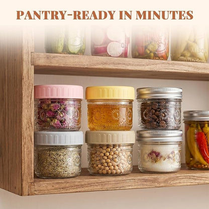 CycleMore 4oz Mason Jars, 12 Pack SunFlower Jar With Silver Separable Lids & Colorful Plastic Lids, Mini Canning Jars for Honey, Jam, Jelly, Wedding Favors, Kitchen Food Storage