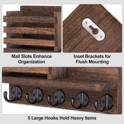 Lwenki Key Holder for Wall – Decorative Wooden Mail Holder and Key Shelf with Mounting Hardware, Installation Guide – Paulownia Wood with Metal Key Hooks (Brown, Large - 11.8inch)