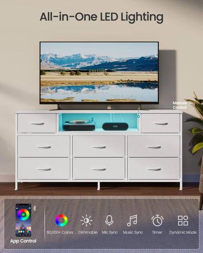 SONGMICS BELLAH Collection - Dresser for Bedroom with Outlets and LED Lights, TV Stand for TVs Up to 65 Inches, Chest of Drawers, 8 Drawers, Steel, Modern, Cloud White ULGS434WH02S