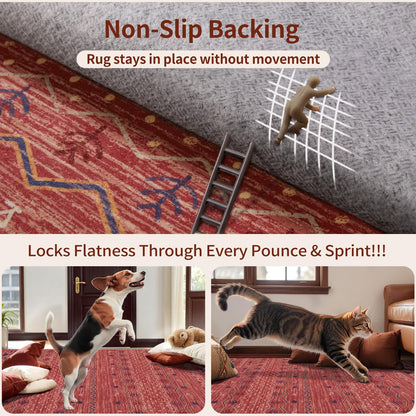 SERISSA Hallway Runner Rug, 2x10 Washable Non-Slip Red Ochre Runners for Hallways, Soft Low-Pile Boho Geometric Indoor Long Carpet for Kitchen Entryway Laundry Bedroom Bathroom