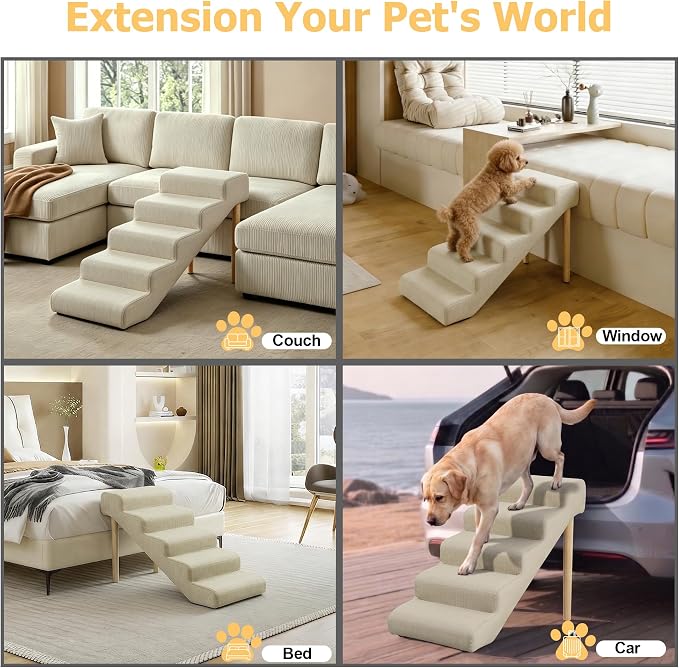 5-Step 23.6" H Dog Stairs for Bed Couch, Waterproof & Scratch PU Leather Pet Steps for Senior Large Dogs and Cats, Dog Ramp with 220 lbs Maximum, Oak Leg & Solid Wood, Non-Slip Feet, Cream