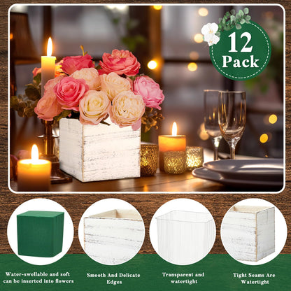 Dandat 12 Sets 4 Inch Wooden Cube Planter Boxes for Centerpiece Flower White Wood Rustic Square Vase with Removable Plastic Liner Floral Foam Block for Garden Wedding Home Arrangement Decor