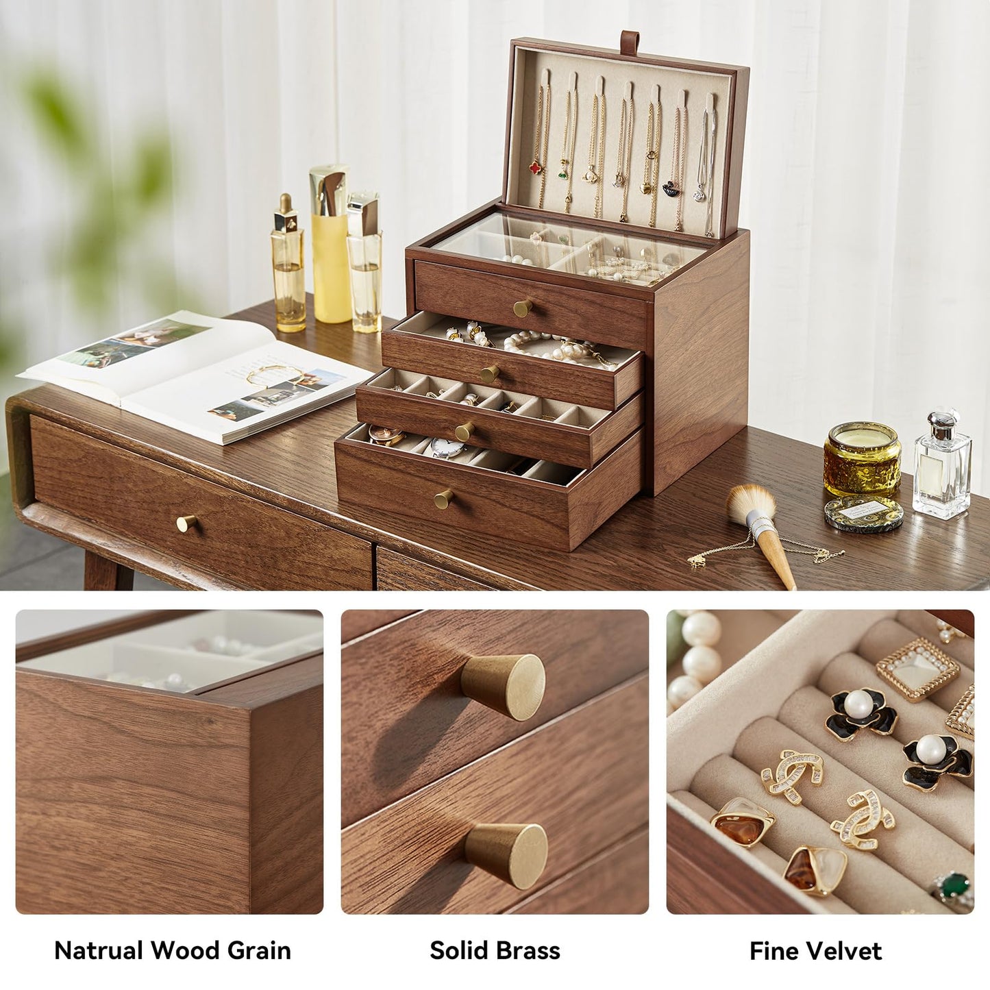 Homruilink Black Walnut Wooden Jewelry Box for Women 4 Layer with Glass Lid and Pull-out Necklace Storage Layer Watch Necklace Ring Earring Storage, Fathers Day Gift