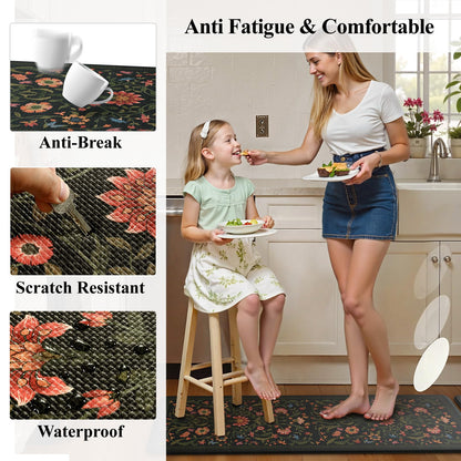Collive Kitchen Mats for Floor 2PCS, Cushioned Anti Fatigue Mat Non Slip Waterproof Kitchens Sink Rug, Floral Comfort Padded Standing Mat for Laundry, Desk, Bar, Office, 17.3"x29"+17.3"x47", Black