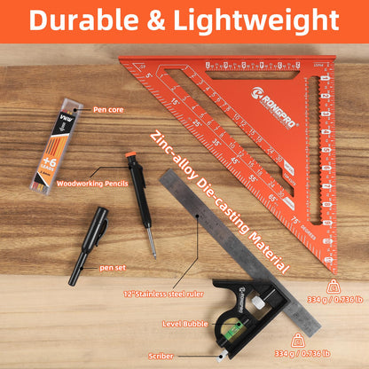 RONGPRO Aluminum Alloy 12in Carpenter Square and 12in Zinc-Alloy Combination Square Set, CNC-Machined with Woodworking Pencil, Carpenter Measuring Layout Tool for Woodworking and Home DIY.