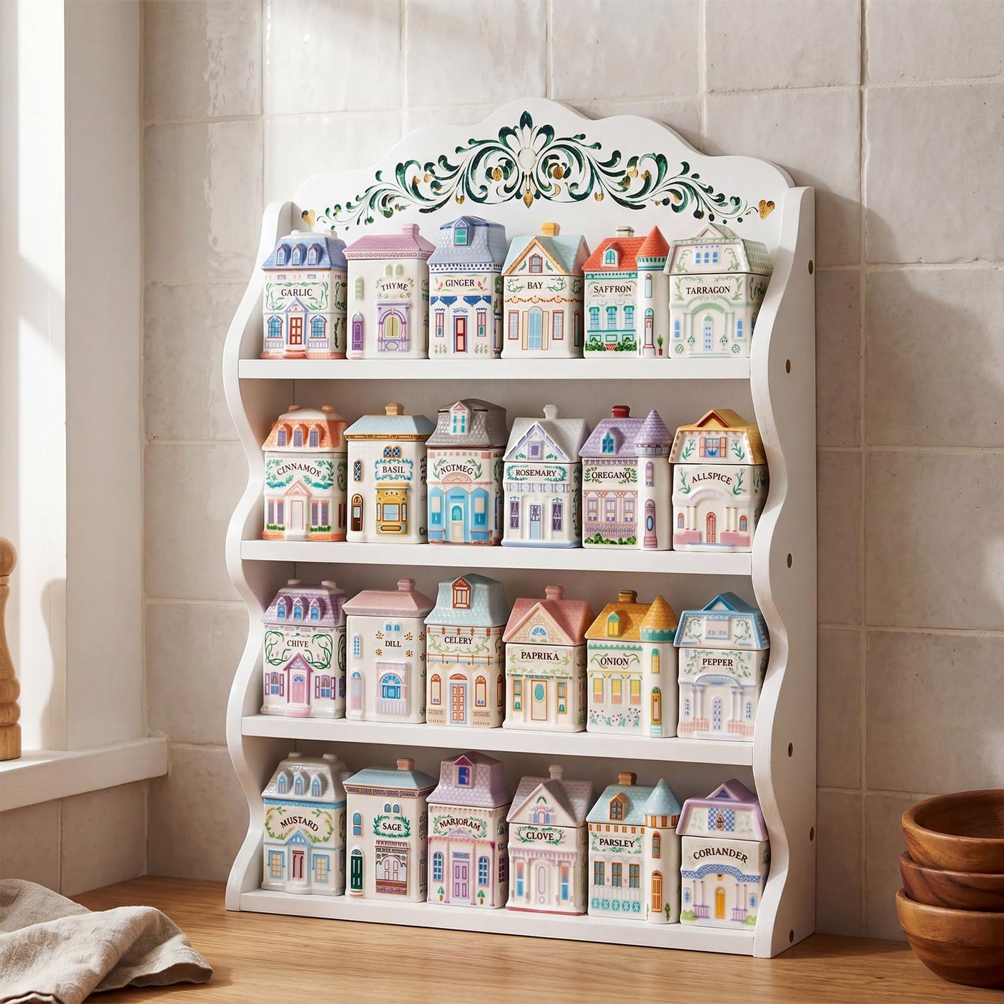 Leinuosen Vintage Spice Jar Wooden Rack with 4 Shelves and Drawer Hanging Spice Rack Wall Mounting Kitchen Storage Village Style Display Shelf for 24 Jars Shelf Only 20.47 x 14.57 x 3.15 Inches