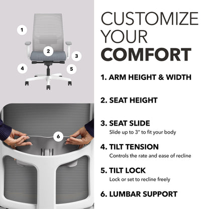 HON Ignition 2.0 Ergonomic Mesh Office Chair, Mid-Back, Synchro-Tilt, Home Office Desk Chairs, Basalt Seat Fabric, Fog Mesh, White Frame, Titanium Grey Adjustable Lumbar