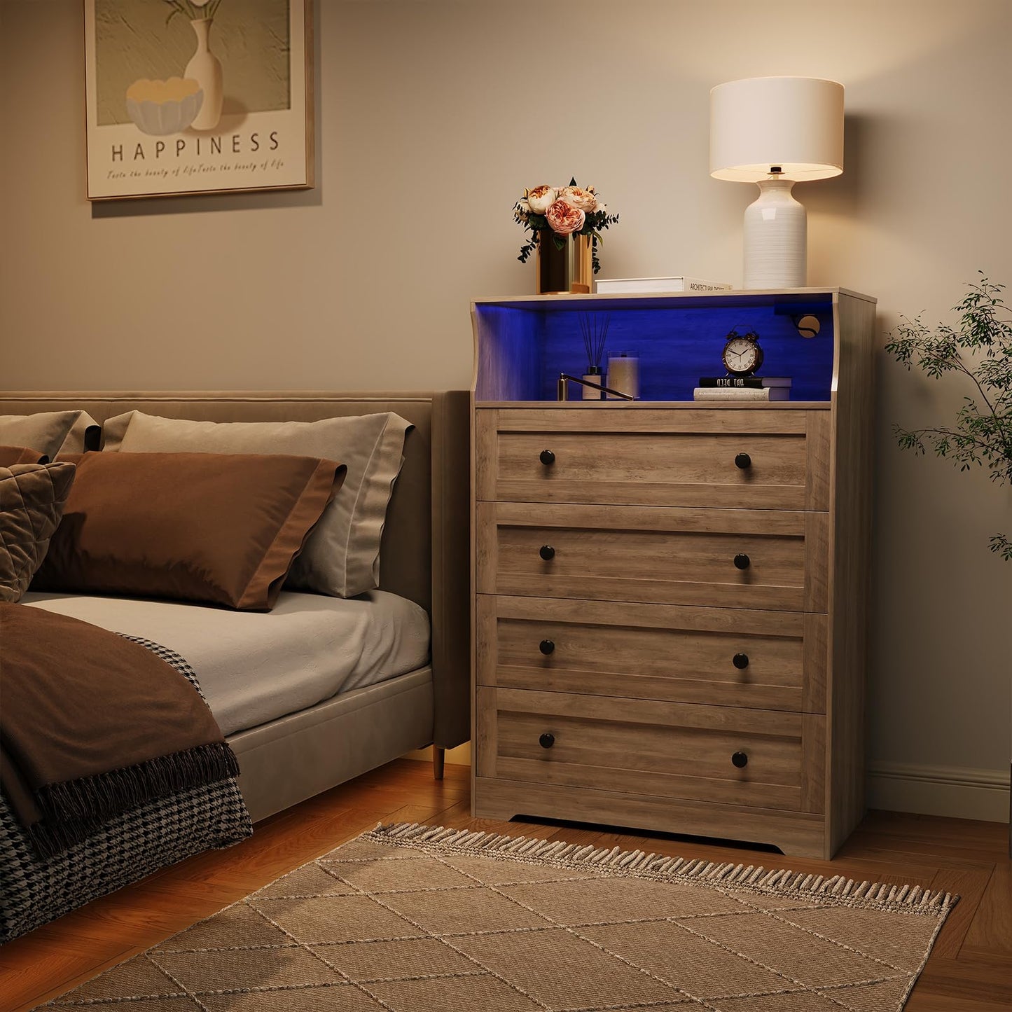 GarveeHome Tall Dressers with 4 Drawer Storage and LED Lights, Gray Wood Chest of Drawers with Charging Station for Bedroom, Living Room, Closet, Hallway, Wooden Nightstand Dresser for Bedside
