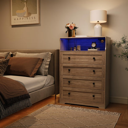 GarveeHome Tall Dressers with 4 Drawer Storage and LED Lights, Gray Wood Chest of Drawers with Charging Station for Bedroom, Living Room, Closet, Hallway, Wooden Nightstand Dresser for Bedside