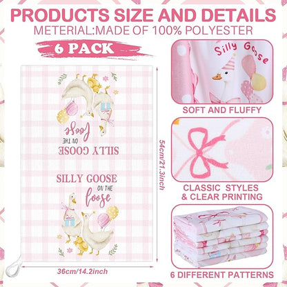 Breling Set of 6 Silly Goose Kitchen Towels Funny Goose Dish Towel Decor Pink