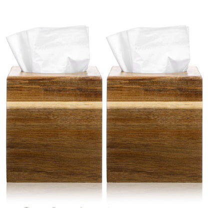 2 Pack Wooden Tissue Box Cover Square, Acacia Wood, 5.5 x 5.5 x 6.2