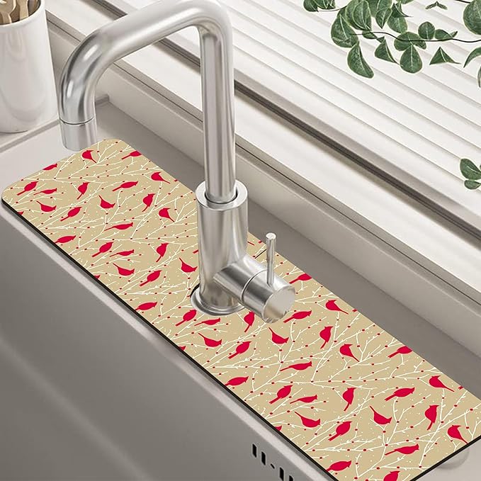 Christmas Cardinal Birds Kitchen Sink Splash Guard Mat Absorbent Fast Drying