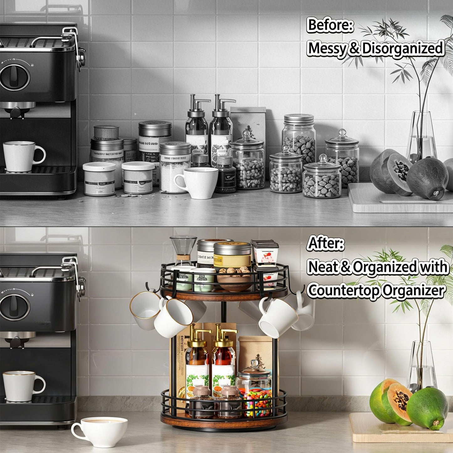 Yelinkws Rotating Coffee Mug Cup Holder Rack Stand, 2 Tier Wooden Coffee Station Bar Organizer for Countertop, Spinning Kitchen Counter Organizer, Mug Shelf with 6 Hooks, Rustic Brown and Black