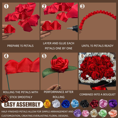 LatinaFlorista 300Pcs Premade Satin Ribbon Rose Petals Half-Finished for Eternal Rose DIY Ramos Forever Flowers Bouquets Everlasting Floral,for Wedding,Anniversary,Birthday (300 Pcs White)