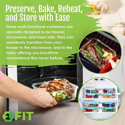 FIT Strong & Healthy Glass Meal Prep Containers 3 Compartment - Bento Box Adult Lunch Containers – Glass Snack Container with Lids, Leak-Proof Cover, Sectioned Storage Container, 32oz, Blue, 3 Pack