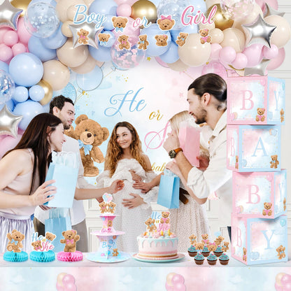 Duraaamo 207Pcs Bear Gender Reveal Party Decorations Boy or Girl Pack, Bear Balloon Kit with Backdrop Banner, Tablecloth, Balloon Boxes, Cupcake Stand, Sash, Pin for Baby Shower Gender Reveal Supplies