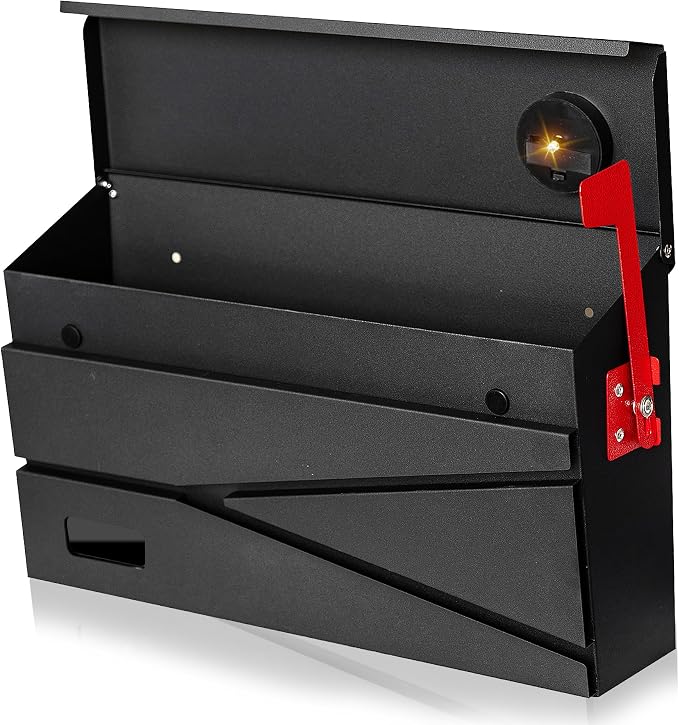 Ydocabinit Wall Mount Mailbox, Large Capacity Mailbox for House, with Flag, Visibility Galvanized Steel Rust-Proof Metal Post Drop Box, Mailboxes for Outside, 15.74"×9.84"×4.33" Solar Lanterns Black
