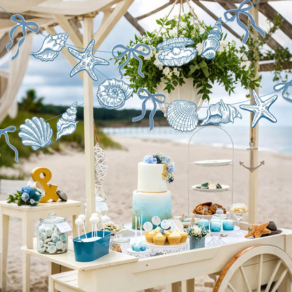 Summer Coastal Beach Party Supplies 3PCS Blue Bow Starfish and Seashell Banners Nautical Party Decor Sea Starfish Seashell Cutout Banner for Baby Shower Wedding Bachelorette Birthday Decorations