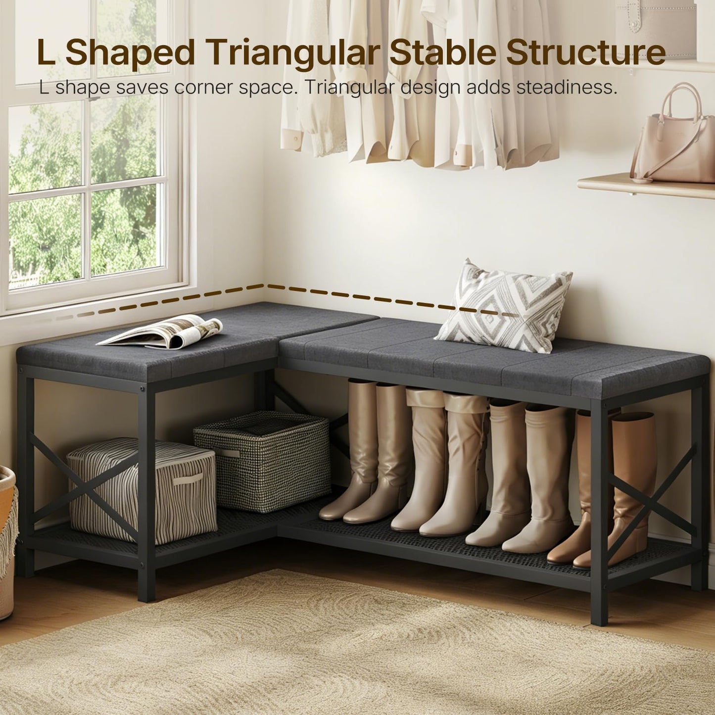 YATINEY 9-Tier Tall Shoe Rack and L-Shaped Shoe Bench with Cushion, 59.1" Entryway Shoe Storage Bench SS02BK-HX12BG