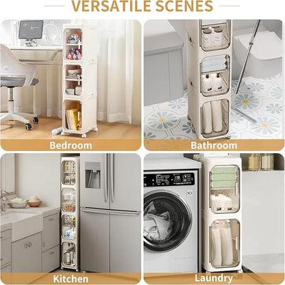2-Tier Slim Narrow Bathroom Storage Cabinet, Cream White | Tool Free Assembly, Adjustable shelves, Fits for Narrow Spaces, Lockable Wheels, Magnetic Clear Door