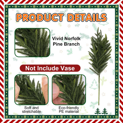 NAYODEUS 22Pcs 23inch Christmas Norfolk Pine Branches, with a Branch stem lamp. Artificial Green Norfolk Pine Branch Plume, Suitable for DIY Handmade Wreaths and Home Decoration(with Light Strip).