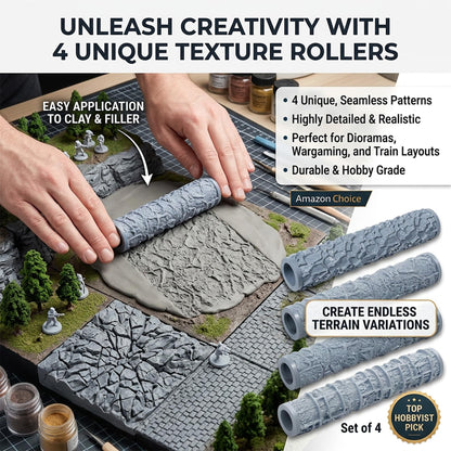 Warmtree 4 Pcs Terrain Texture Roller Set Polymer Clay Texture Roller for DIY Modeling Scenic Terrain Wall Road Model Miniatures Landscape