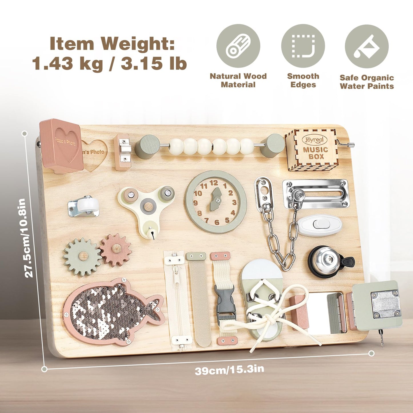 Joyreal Large Wooden Busy Board for Toddlers with Foldable Stand, 16-in-1 Montessori Sensory Toys Activity Learning Board with Music Box, Educational Gift for 1 2 3 Year Old Boys Girls