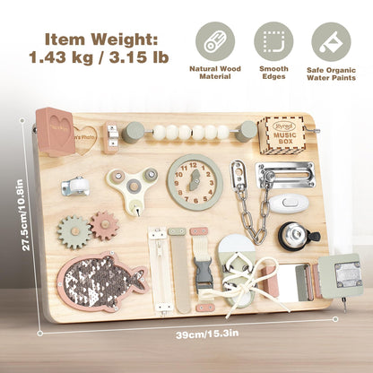 Joyreal Large Wooden Busy Board for Toddlers with Foldable Stand, 16-in-1 Montessori Sensory Toys Activity Learning Board with Music Box, Educational Gift for 1 2 3 Year Old Boys Girls