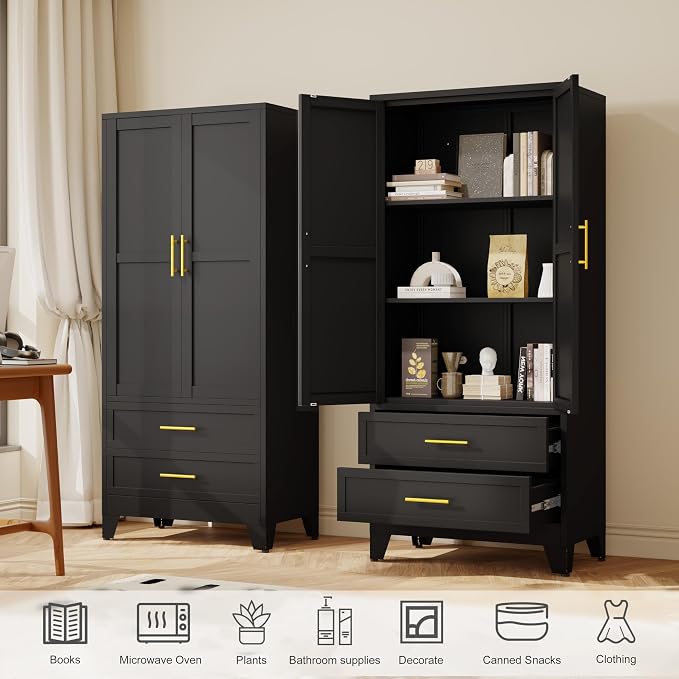GAIOUS Steel Pantry Cabinet, 71" Metal Storage Cabinets with 2 Doors | 2 Adjustable Shelf and 2 Drawers, Freestanding Storage Cabinet for Bedroom, Kitchen, Home Office (Black)