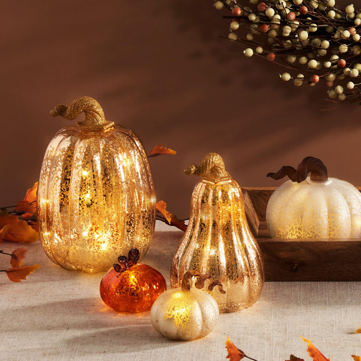 Gold Glass Pumpkin with Lights - Set of 3, Mercury Glass Style, Batteries Included, Thanksgiving Harvest Decorations, Timer, LED Lighted Gold Pumpkins for Decorating Fall