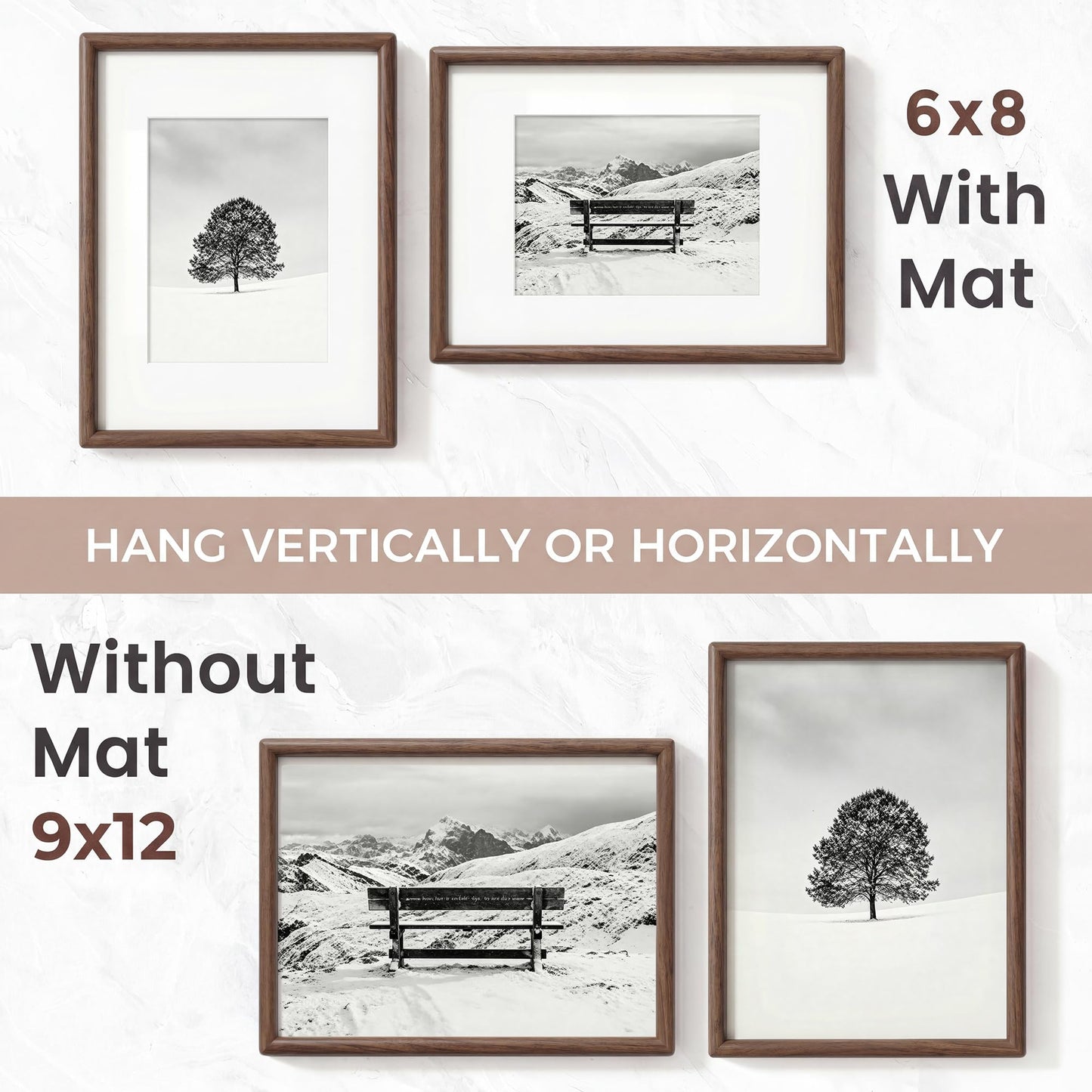 9x12 Picture Frame, USA-Sourced Natural Walnut Wood Photo Frame with Tempered Glass, Handcrafted Rounded Corner 9 x 12 Wooden Frame Matted to 6x8 Photos, Wall or Tabletop Display