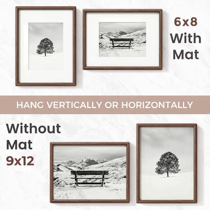 9x12 Picture Frame, USA-Sourced Natural Walnut Wood Photo Frame with Tempered Glass, Handcrafted Rounded Corner 9 x 12 Wooden Frame Matted to 6x8 Photos, Wall or Tabletop Display