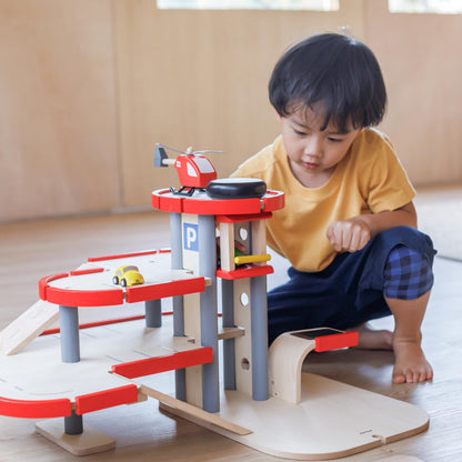 PlanToys® Parking Garage Wooden Montessori Imaginative and Creative Play Set | Problem Solving, Social Interaction and Early Coordination Activity | Eco Friendly Vehicle and Ramp Play Set
