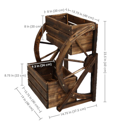 Sunnydaze Wagon Wheel 2-Tier Rustic Wood Plant Stand - Tiered Garden Box - For Patio, Garden, or Front Porch - Charred Fir Wood