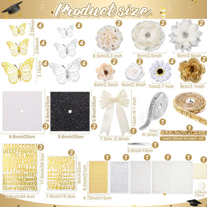 Wavwavw 63 Pcs DIY Graduation Cap Decorations Kit Include Faux Flowers 3D Butterfly Bow Self Adhesive Rhinestones and Alphabet Letter Stickers for 2026 Grad Cap Topper Decor Graduation Party(White)