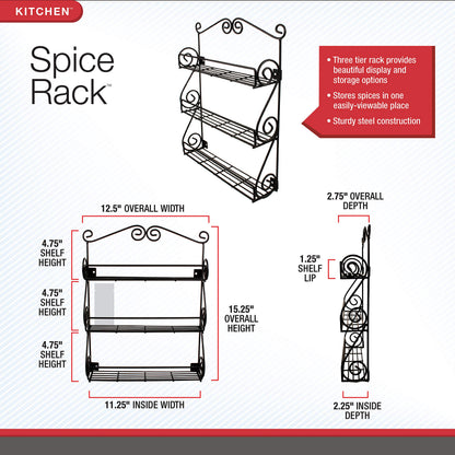 Spectrum Diversified Scroll Wall-Mounted Traditional Spice Rack Organizer for Cabinet & Kitchen, 3-Tier, Beauty & Nail Polish, 43710