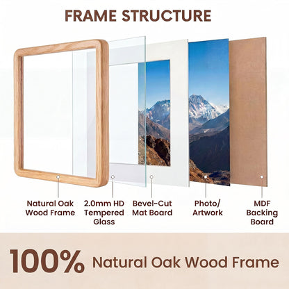 Acovy 11x14in Picture Frame, Natural Solid Oak Handcrafted Wooden Photo Frame, Dual Use for Wall Mount, Matted to Fit 8"x10" Photos, HD Tempered Glass, Pre-Installed Stand & Hanging Hook