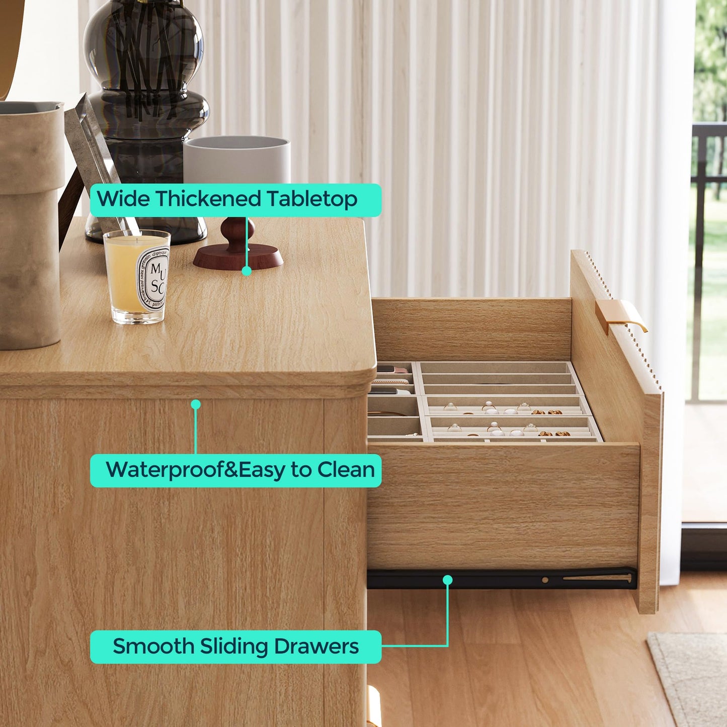 LINSY Fluted 5 Drawer Dresser for Bedroom, 46" Tall Mid-Century Modern Chest of Drawers, Deep Storage Dresser with Curved Corner Design, Large Accent Wood Cabinet for Bedroom, Oak