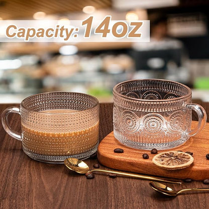 Vintage Coffee Mugs 4pcs Set, 14 Oz Glass Coffee Cups Gifts for Women, Overnight Oats containers with Bamboo Lids and Spoons,Clear Embossed Glass Cups,Cute Coffee Bar Accessories, Iced Coffee Glasses | Clear