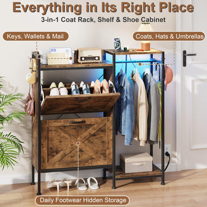 HIGDBFE Shoe Cabinet with 2 Flip Drawers and Hanging Rack, Narrow Entryway Organizer with Charging Station and LED Light, Freestanding Hidden Shoe Storage for Hallway, Rustic Brown, 41.3" W
