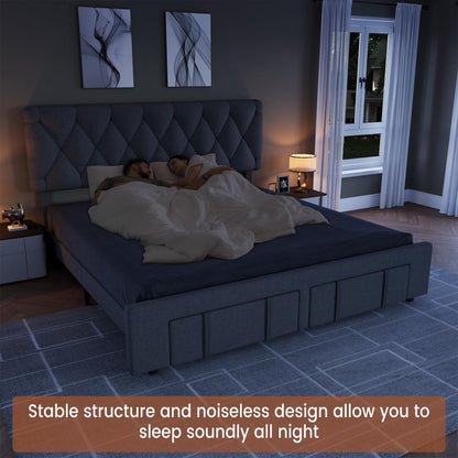 GarveeHome King Size Bed Frame, Upholstered Platform Bed Frame with Storage Drawers, Mattress Foundation with Solid Wooden Slats Support, No Box Spring Needed, Grey