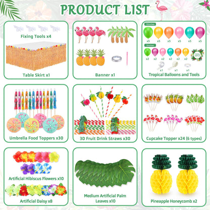 165PCS Hawaiian Luau Party Decoration, Tropical Beach Party Decorations with Balloons, Aloha Party Decor, Summer Pool Party Supplies with Hawaii Table Skirt
