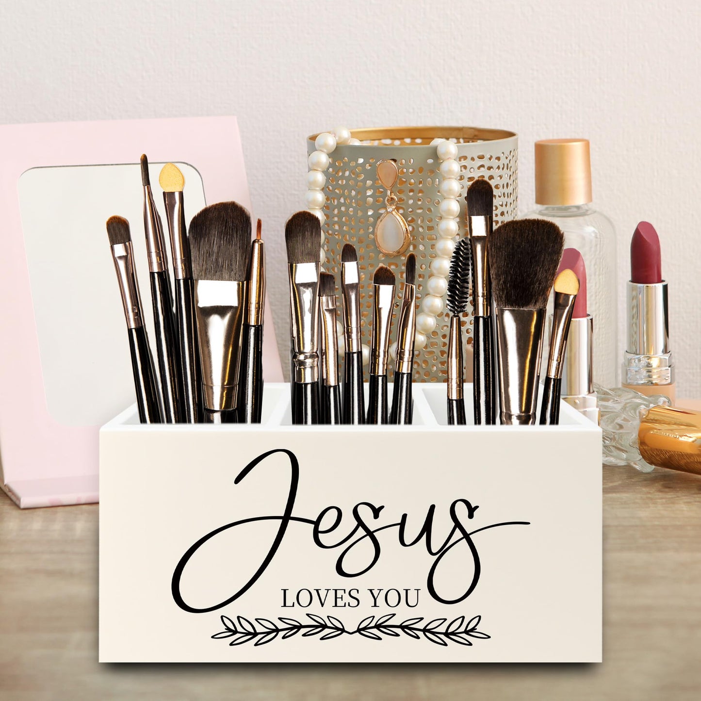 QZQE Christian Pen Pencil Holder Organizer for Desk, Christian Gifts for Women, Jesus Loves You Bible Verse Scripture Wooden Box Signs Decorations for Home Office Desk Tabletop, Religious Gifts