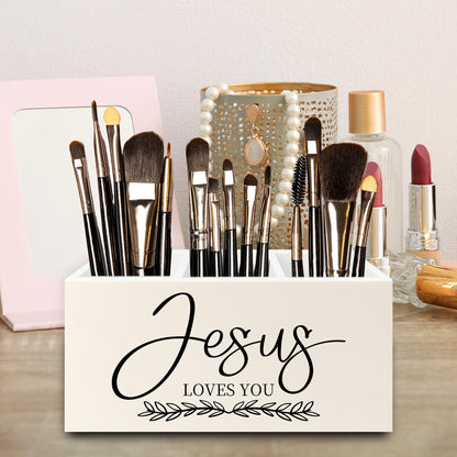 QZQE Christian Pen Pencil Holder Organizer for Desk, Christian Gifts for Women, Jesus Loves You Bible Verse Scripture Wooden Box Signs Decorations for Home Office Desk Tabletop, Religious Gifts
