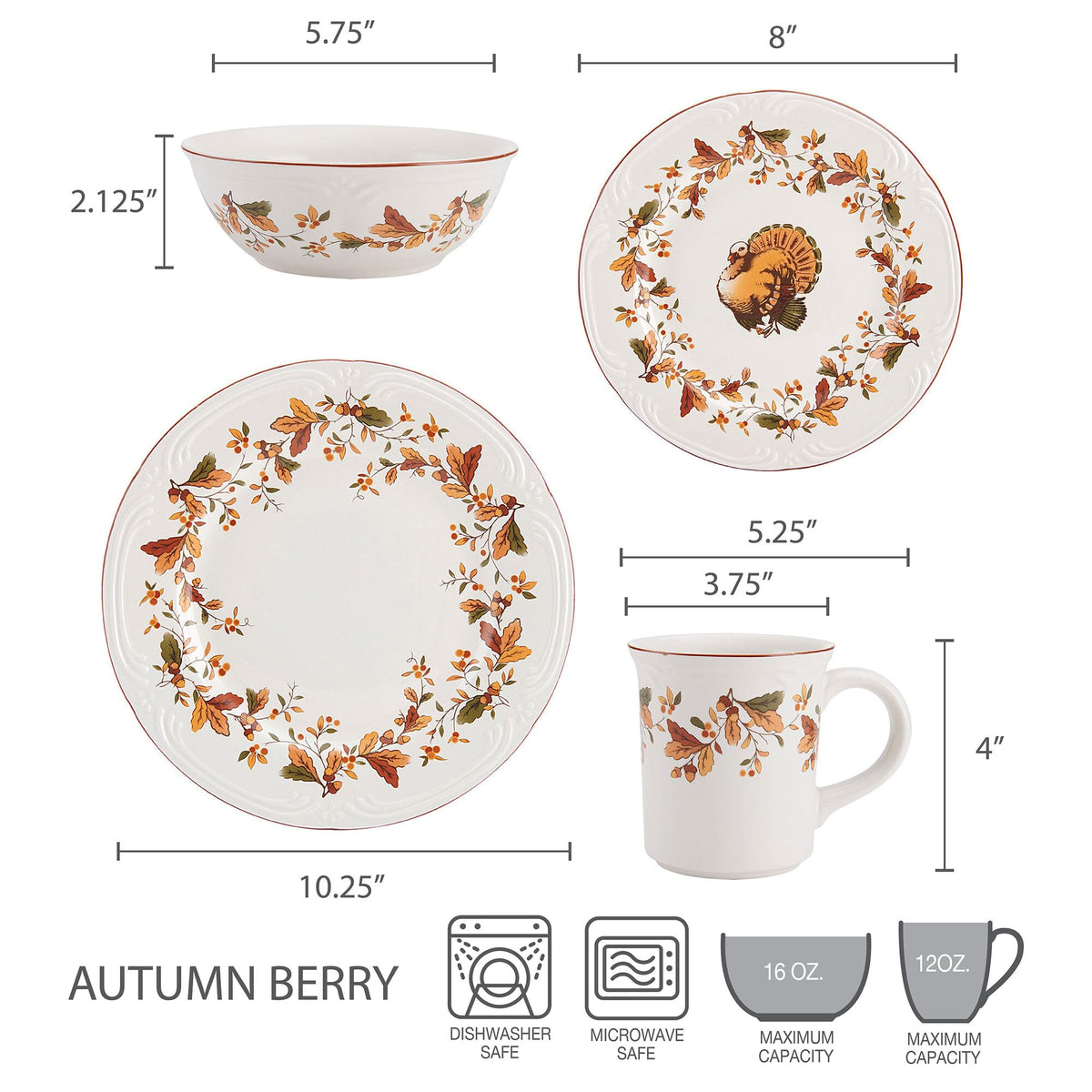 Pfaltzgraff Autumn Berry 16 Piece Dinnerware Set, Service for 4, Multi Colored