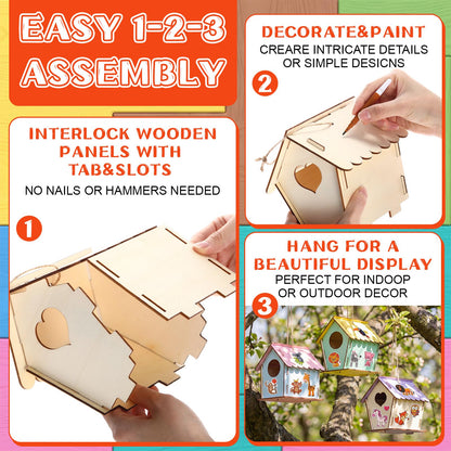 Tuanse 107 Pcs Wooden Birdhouse DIY Kits Includes 21 Unfinished Wood Mini Bird House 24 Watercolor Pen 50 Bird Butterfly Flower Slices 12 Animal Stickers for Adults DIY Craft Making Supplies(Classic)